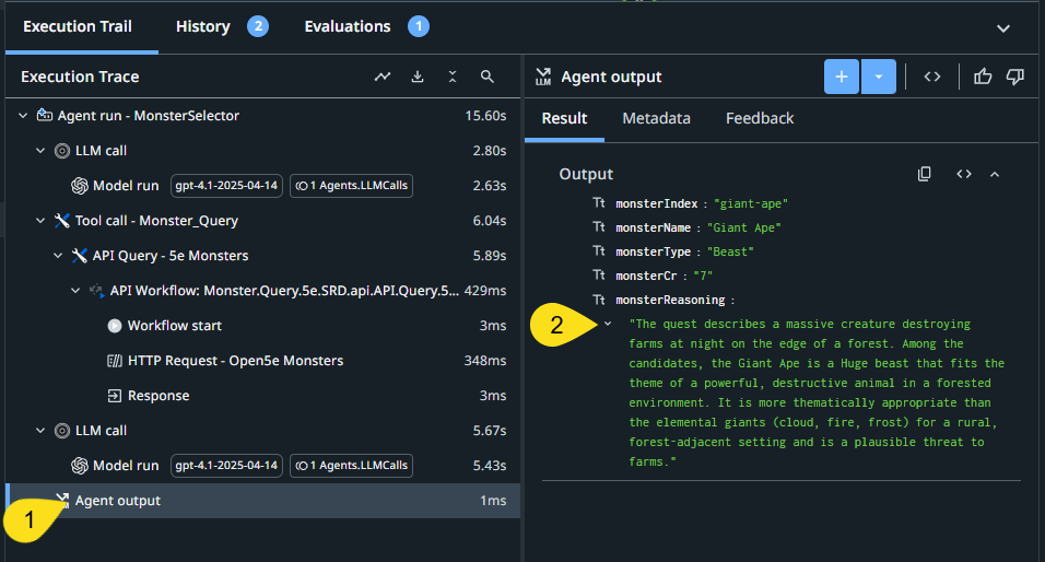 Test output panel showing all five fields populated
