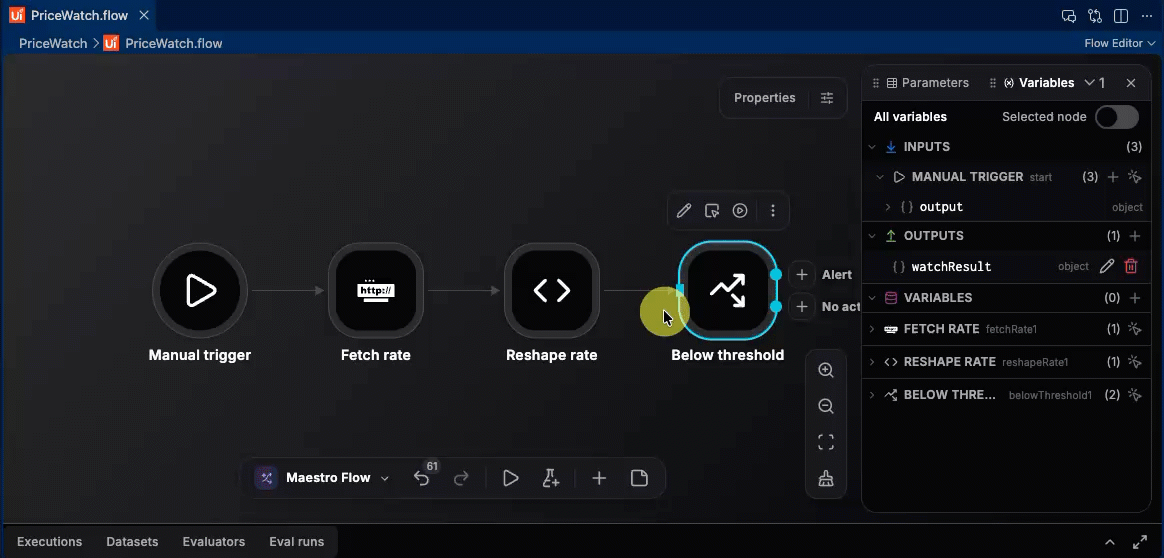 Canvas in VS Code showing how to add and configure the End node for the Alert branch.