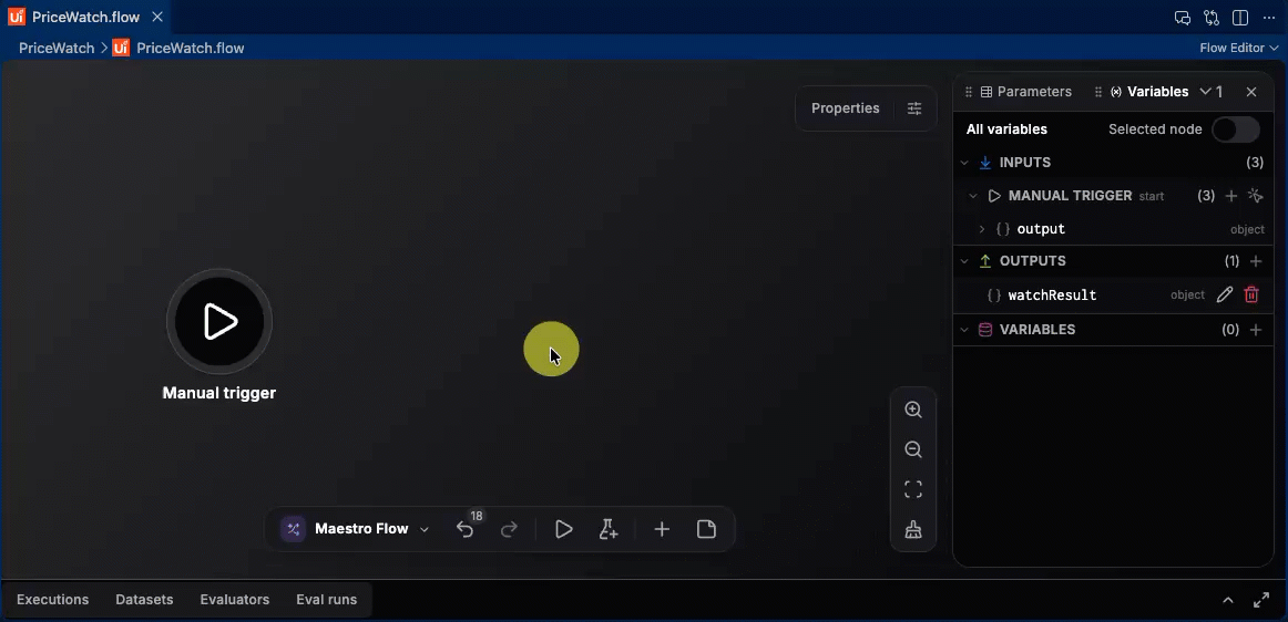 Canvas in VS Code showing how to add and configure the HTTP Request node.