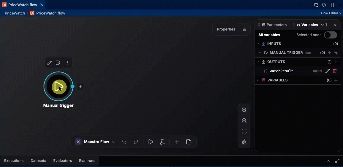 Canvas in VS Code showing how to edit the Trigger node and set the 3 input variables.
