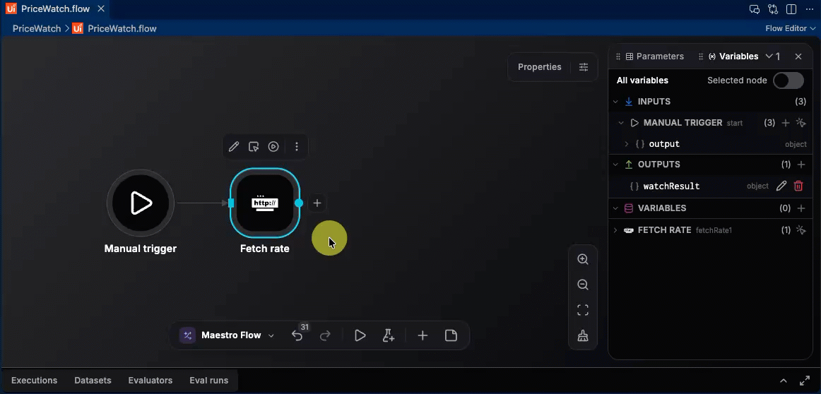 Canvas in VS Code showing how to add and configure the Script node.