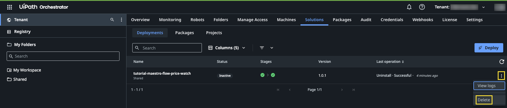 UiPath Cloud que muestra la implementación del tutorial en la pestaña Soluciones, con el menú contextual abierto con el botón Eliminar