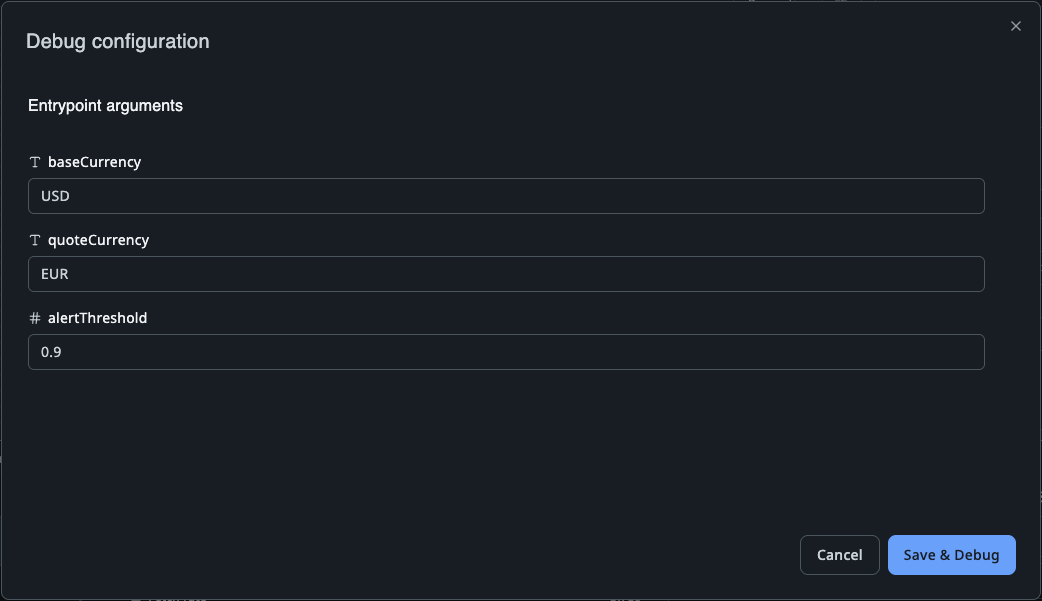 Debug configuration dialog showing the 3 variables with the values entered as shown above in the code block
