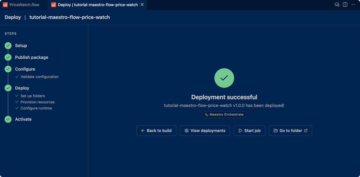 UiPath Maestro Deploy window showing "Deployment successful" for version 1.0.0