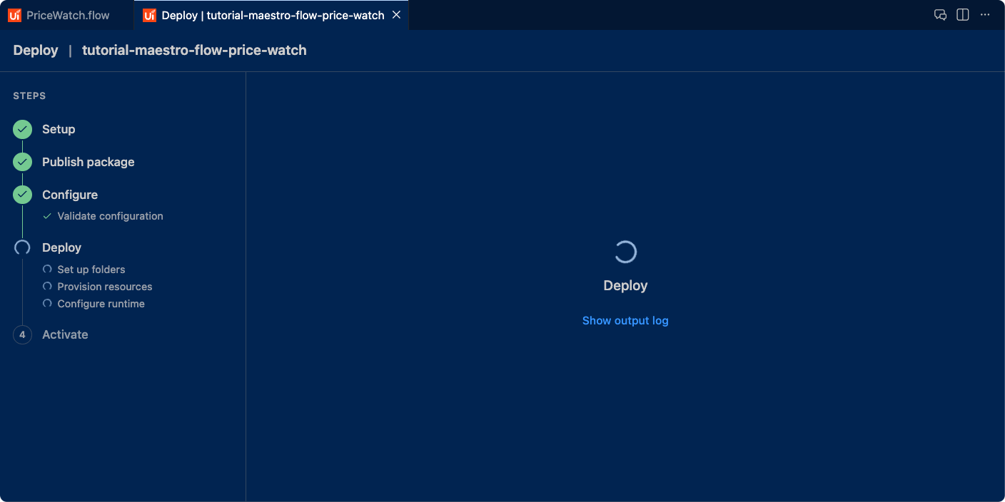 UiPath Maestro Deploy window showing the in progress steps while deploying