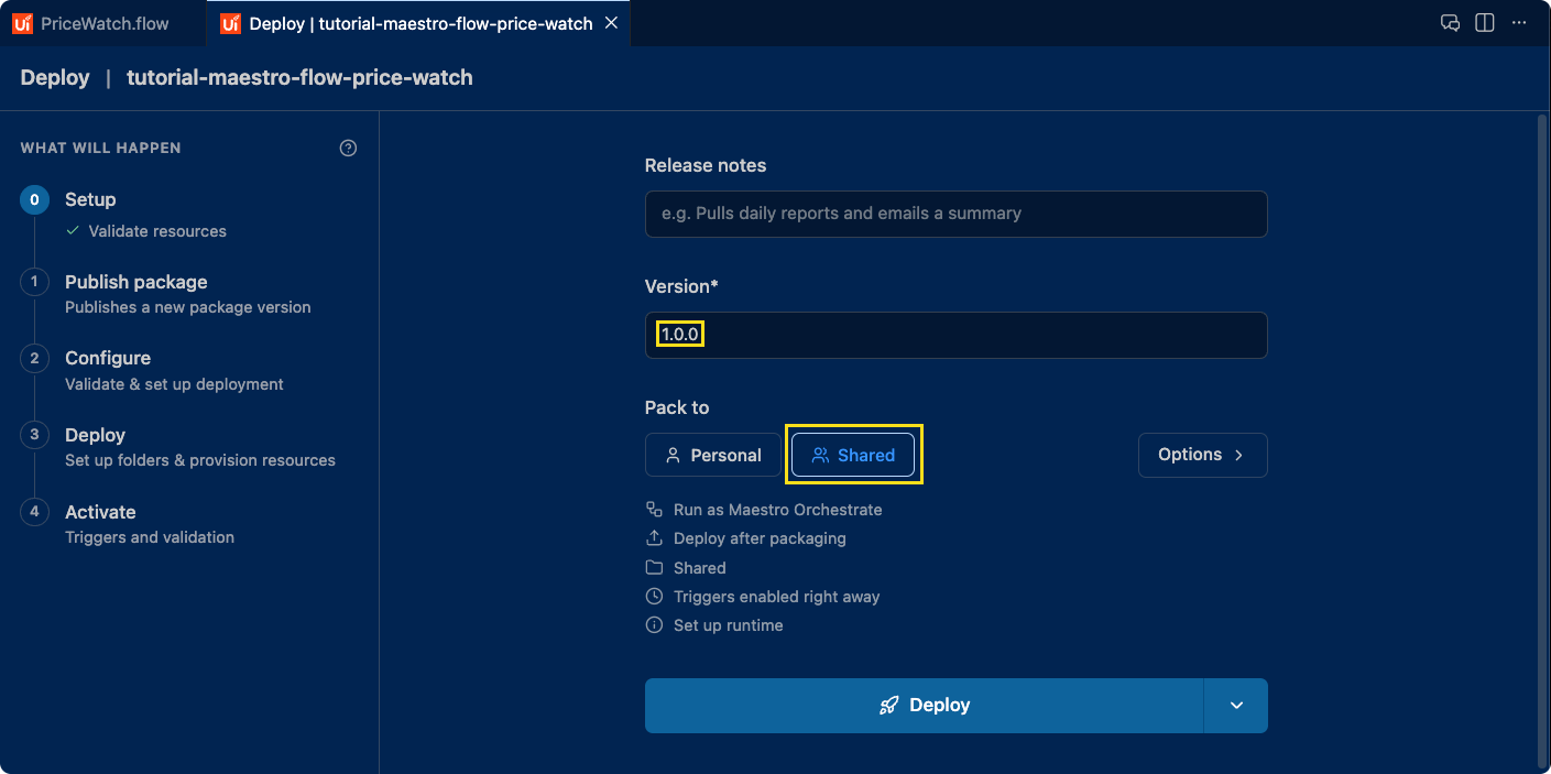 UiPath Maestro Deploy config window showing the version, release notes, and Pack to target