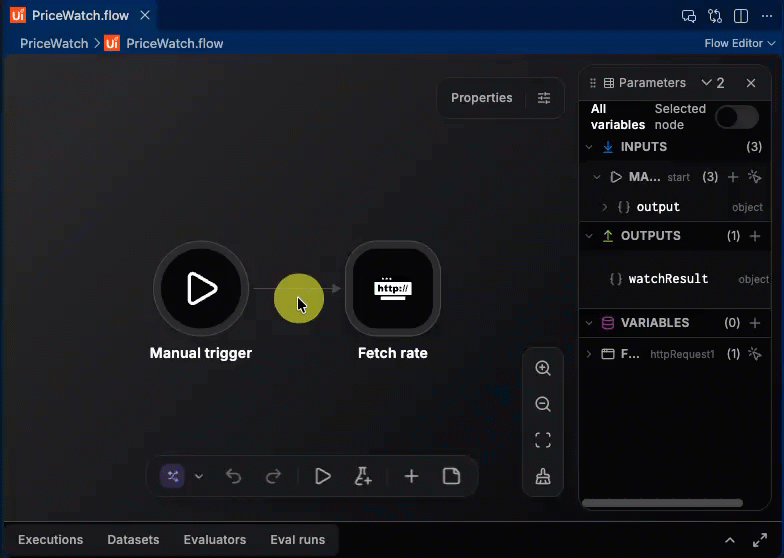 Canvas in VS Code showing a Flow with a Manual Trigger and HTTP Request node, and how to update the HTTP Request node's ID from httpRequest1 to fetchRate1.