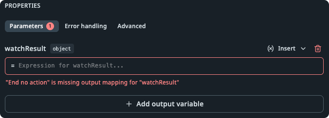 Properties dialog of an End node where watchResult has not been set showing the error message from above