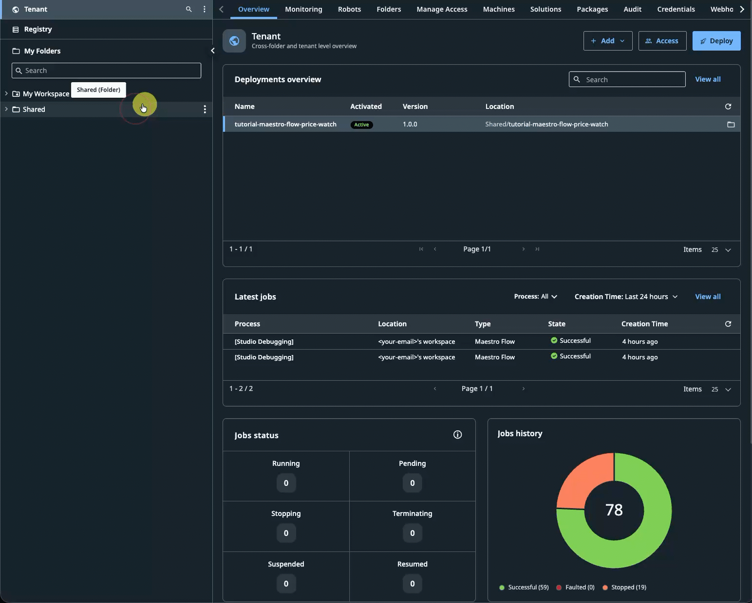 Panel de detalles del trabajo de Orchestrator que muestra una ejecución de ObservaciónDePrecio completada con el objeto de salida verResultado y la pestaña Seguimiento que enumera cada nodo con su tiempo de ejecución.