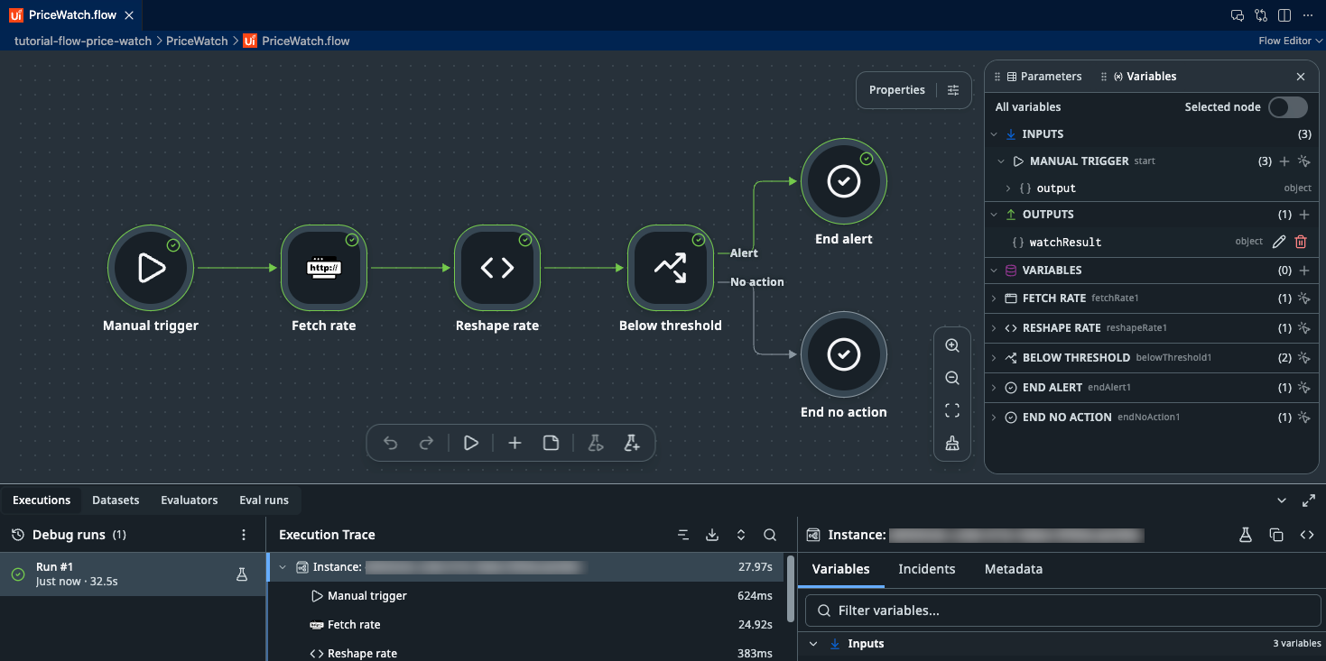 Flow shown on the Canvas with all the nodes except the "End no action" node having green outlines.