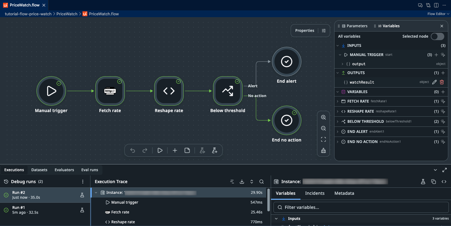 Flow shown on the Canvas with all the nodes except the "End alert" node having green outlines.