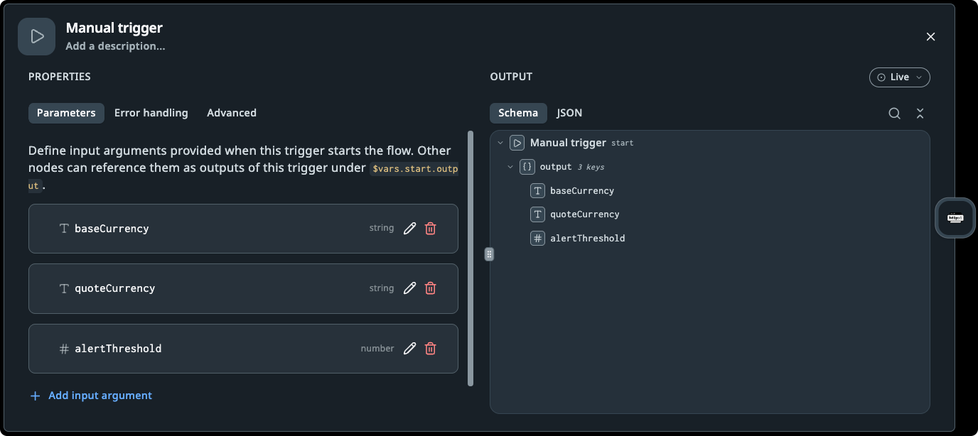 Manual trigger dialog showing the 3 input variables under Parameters with the names and types as defined above.
