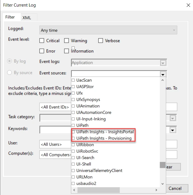 Screenshot of the UiPath Insights - InsightsPortal and UiPath Insights - Provisioning options highlighted.