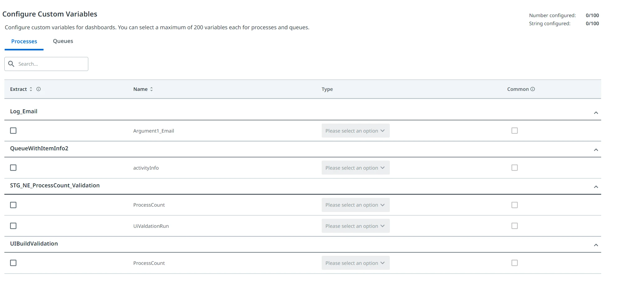 Screenshot der Seite Benutzerdefinierte Variablen konfigurieren.