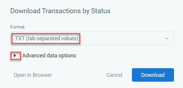 Capture d'écran du menu Télécharger les transactions par statut.