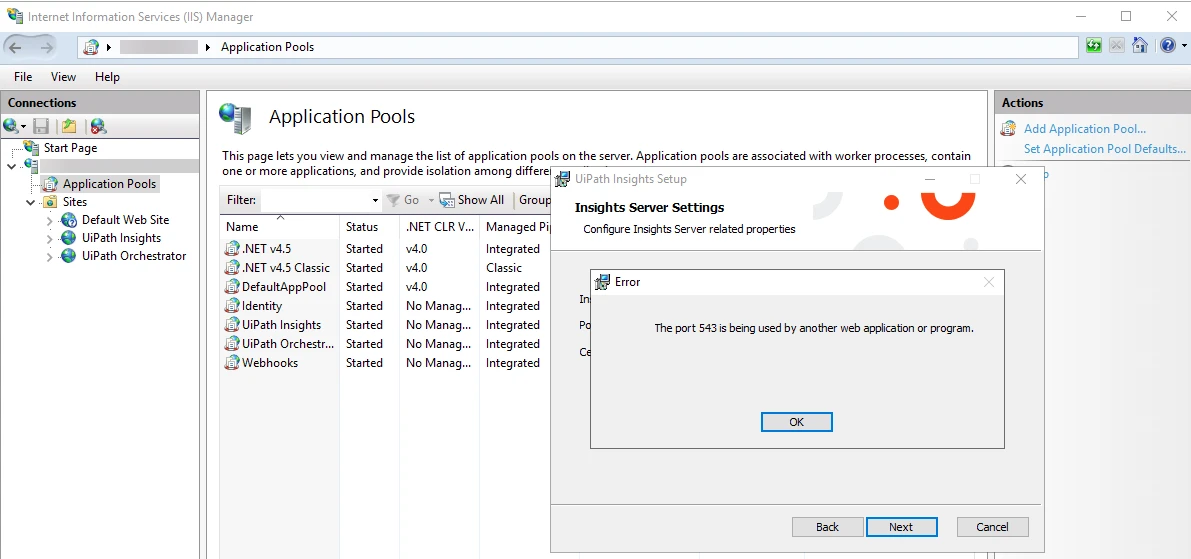Screenshot of the port 543 error message.
