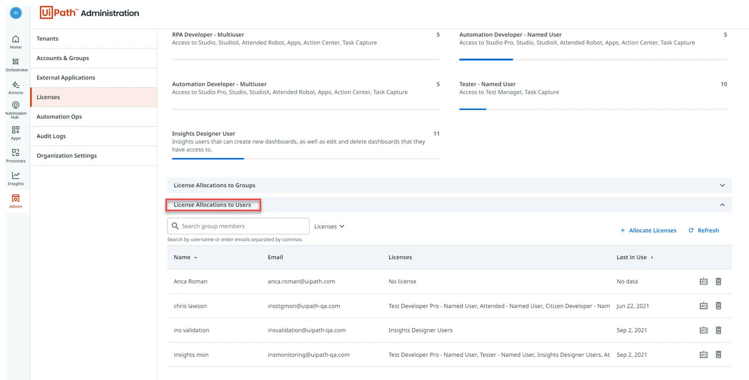Screenshot der Seite „Administration“ mit hervorgehobenem Feld Lizenzzuweisungen an Benutzer.