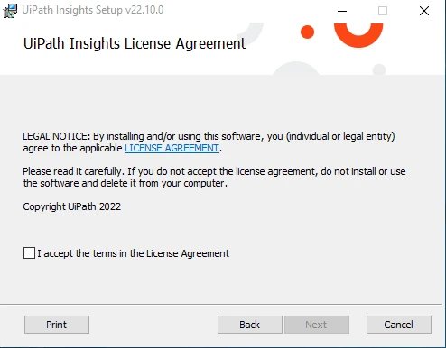 Screenshot of the UiPath Insights Setup interface.