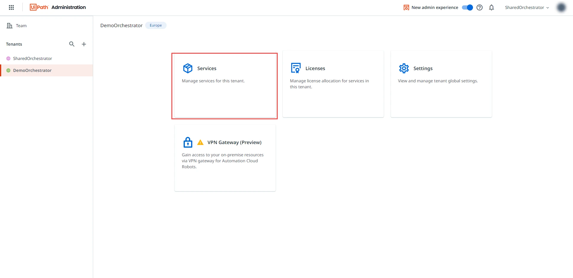 Screenshot of the Administration page with the Services button highlighted.