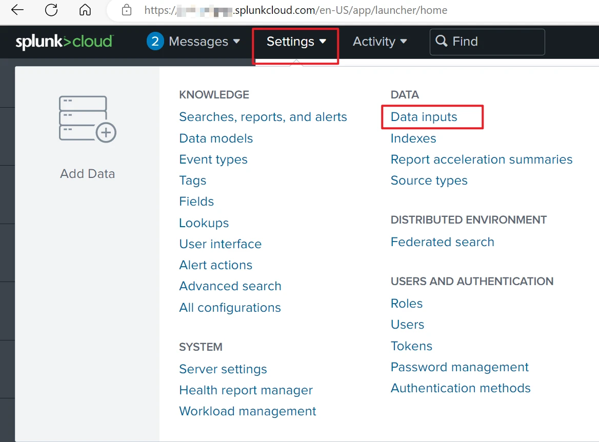 Captura de tela do menu Configurações com o botão Entradas de dados realçado.