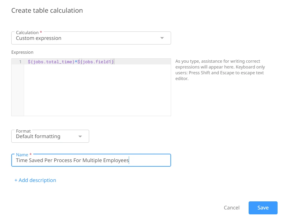 Screenshot of the Create table calculation page.