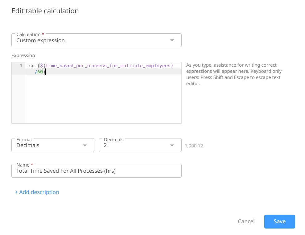Screenshot of the Edit table calculation page.