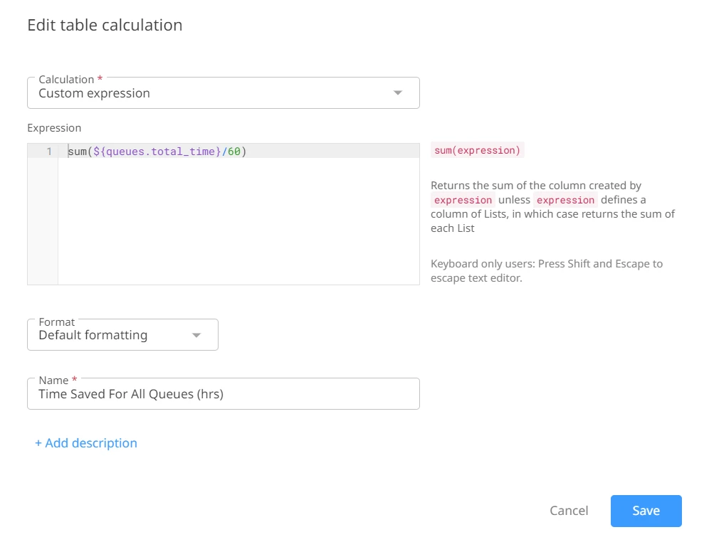 Screenshot of the Edit table calculation page.