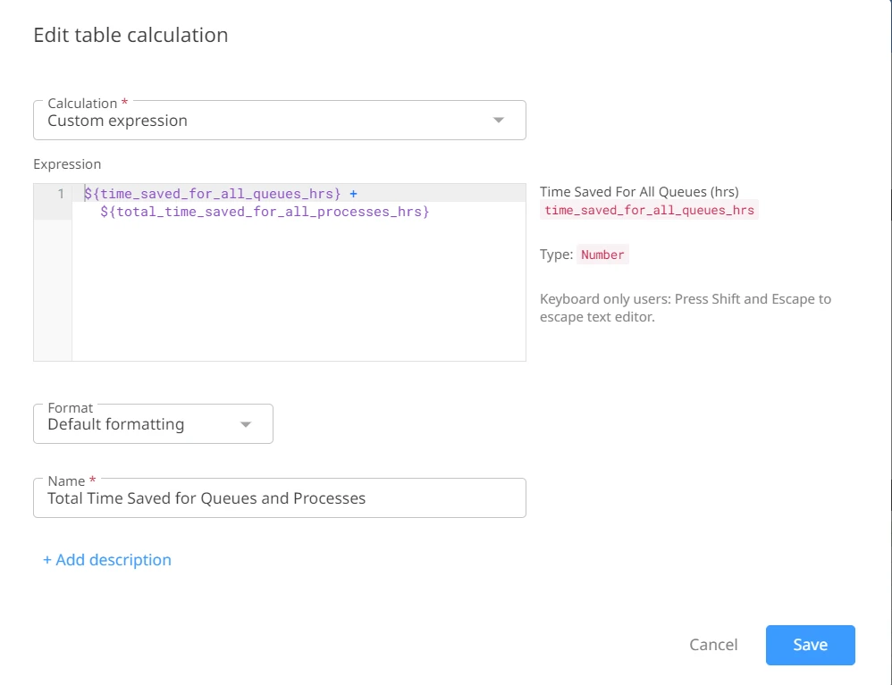 Screenshot of the Edit table calculation page.
