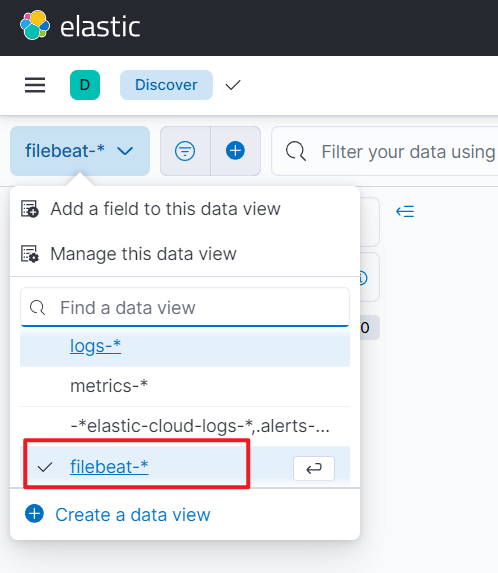 Captura de tela da exibição de dados do filebeat-*.