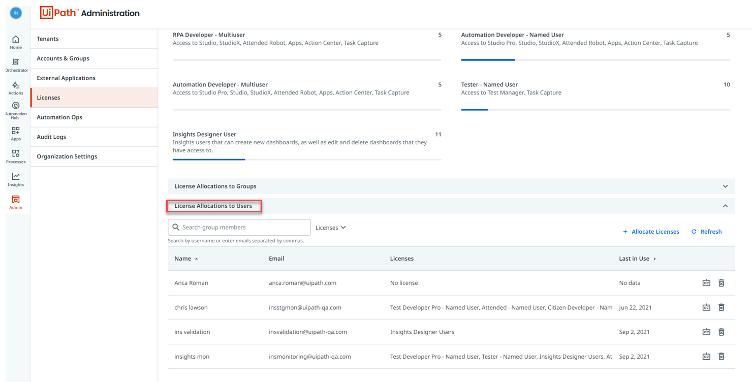 Screenshot of the Adminstration page with the License Allocations to Users field highlighted.