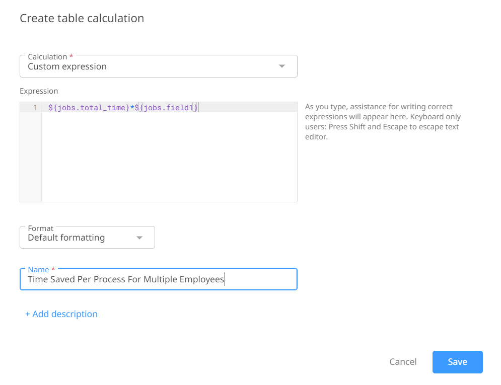 Screenshot of the Create table calculation page.