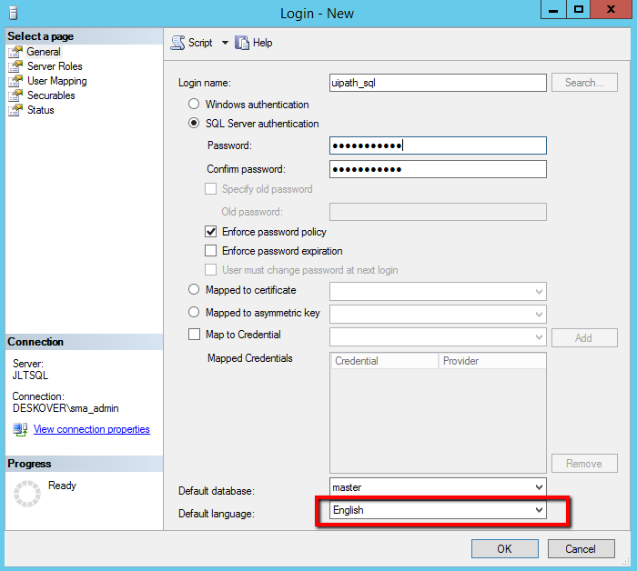 Screenshot of the Default language dropdown.