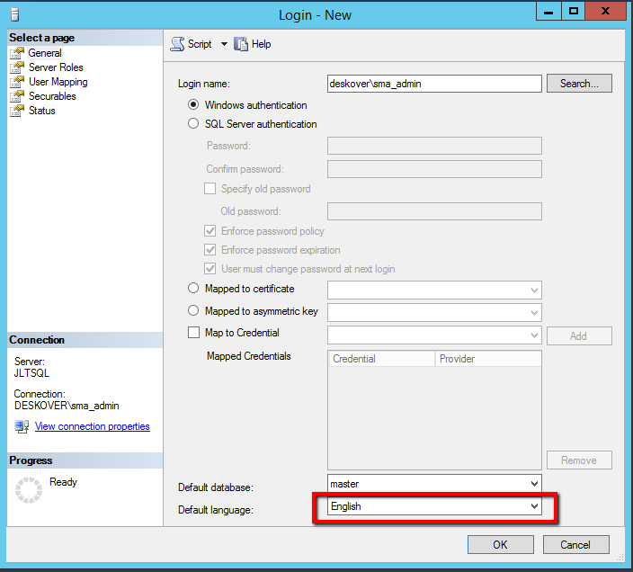 Screenshot of the Default language dropdown.