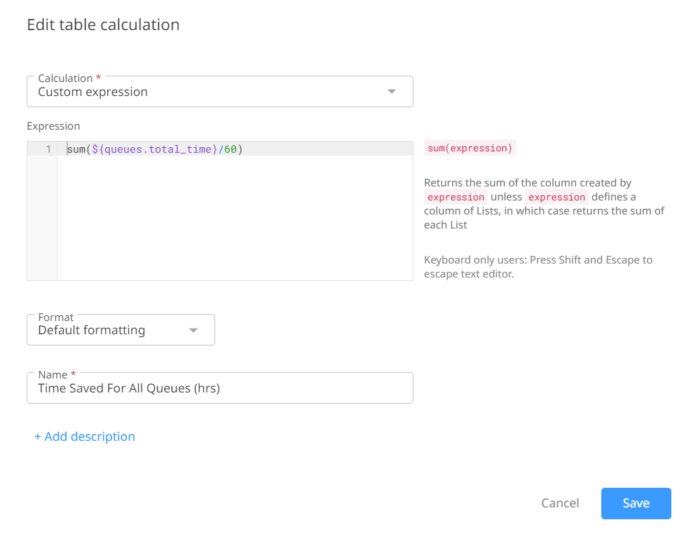 Screenshot of the Edit table calculation page.