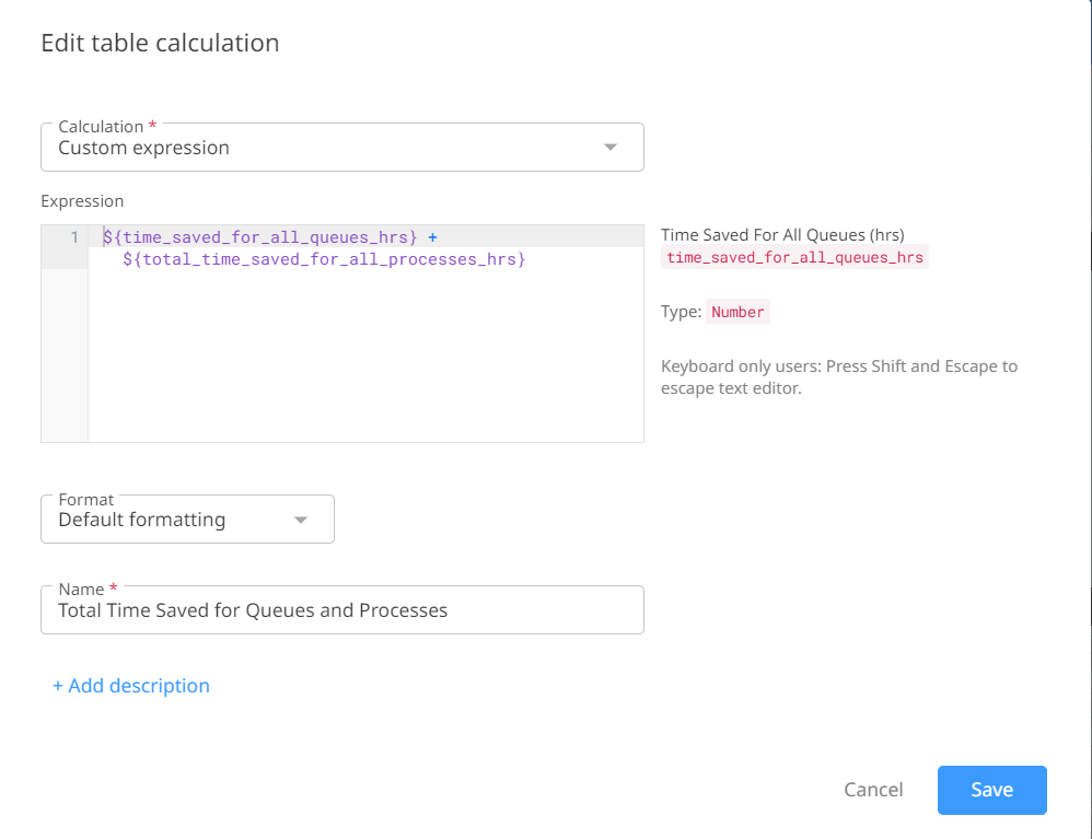 Screenshot of the Edit table calculation page.