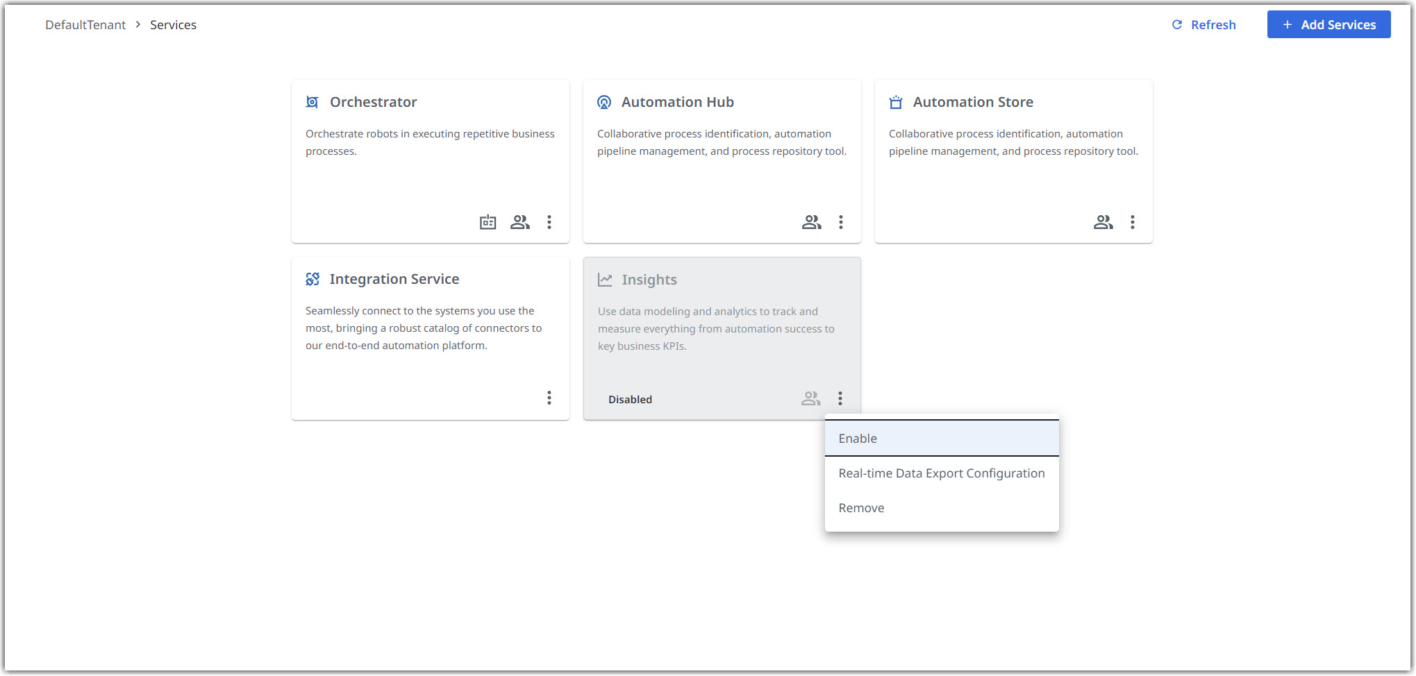 Screenshot der Taste „Dienst Insights aktivieren“.