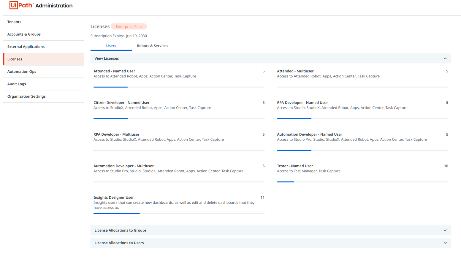 Screenshot of the Licenses page.