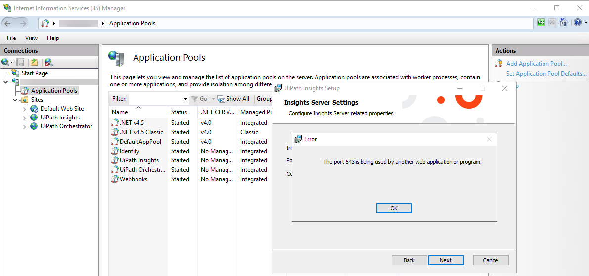 Screenshot of the port 543 error message.