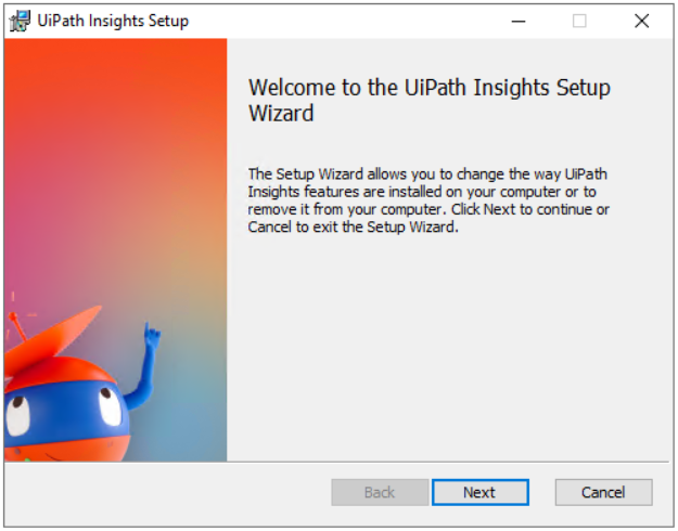 UiPath Insights のセットアップ インターフェイスのスクリーンショット