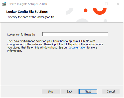 UiPath Insights のセットアップ インターフェイスのスクリーンショット