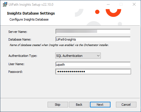 UiPath Insights のセットアップ インターフェイスのスクリーンショット