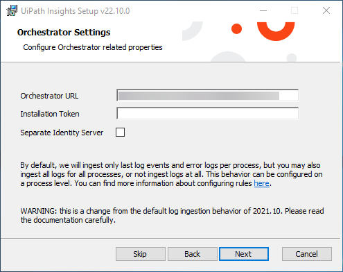 UiPath Insights のセットアップ インターフェイスのスクリーンショット