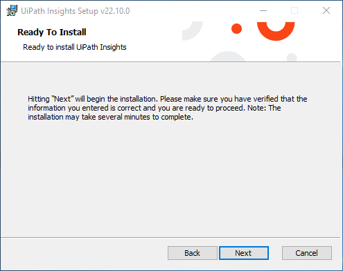 UiPath Insights のセットアップ インターフェイスのスクリーンショット