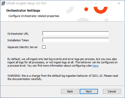 Screenshot of the UiPath Insights Setup interface.