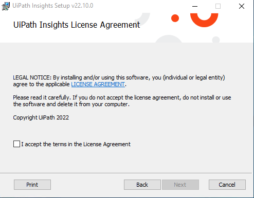 Screenshot of the UiPath Insights Setup interface.