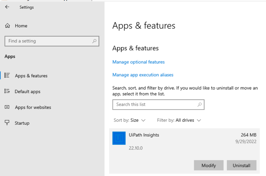 Windows アプリと機能インターフェイスのスクリーンショット。
