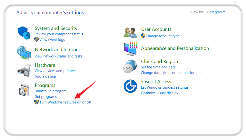 Screenshot with the Turn Windows features on or off button.