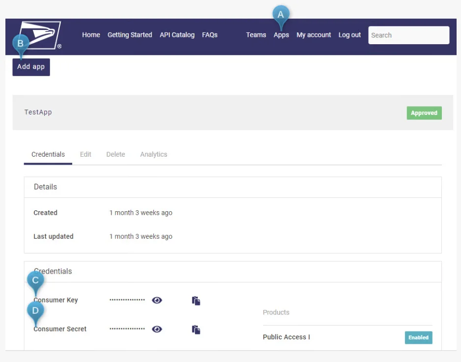 Configuring an application USPS Dev portal