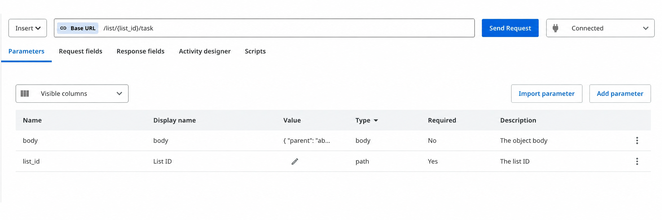 Parameters tab with only the list_id parameter marked as required