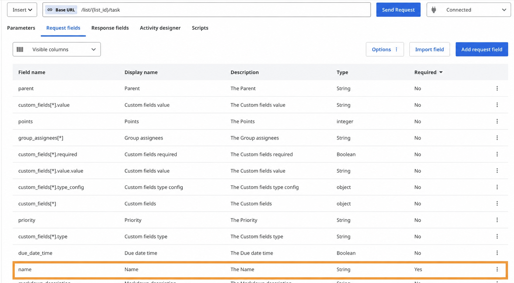 Request fields tab with only the name field marked as required